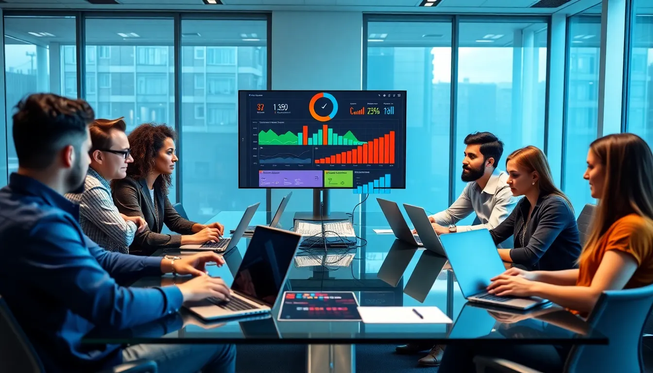 team discussing administrative software in a modern office.