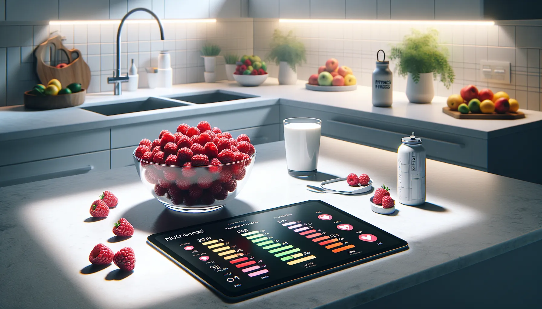 Bowl of fresh raspberries next to a digital nutrition chart.