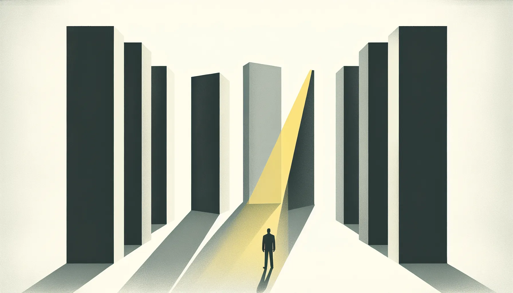 A small figure standing before large geometric shapes representing bureaucratic structures