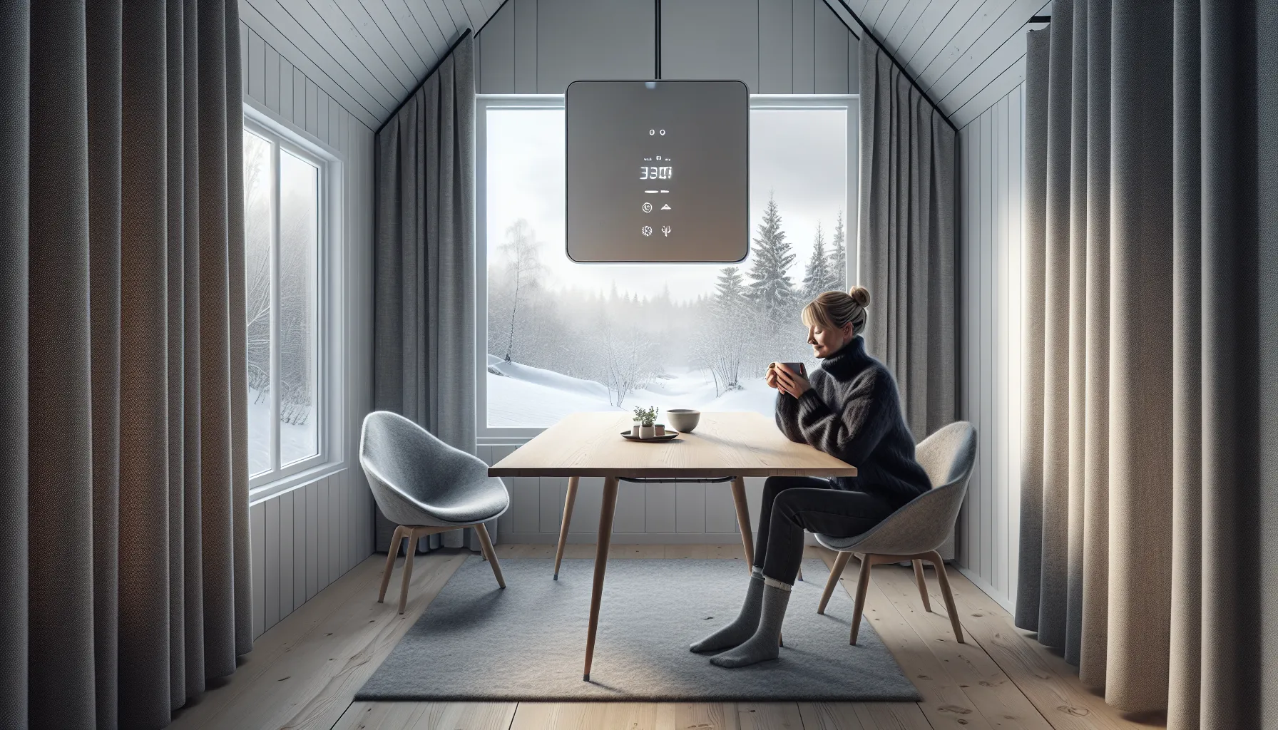 Fordeler og ulemper med infrarød oppvarming 3 Norwegian woman enjoys infrared zoned heating under a ceiling panel on a winter day.