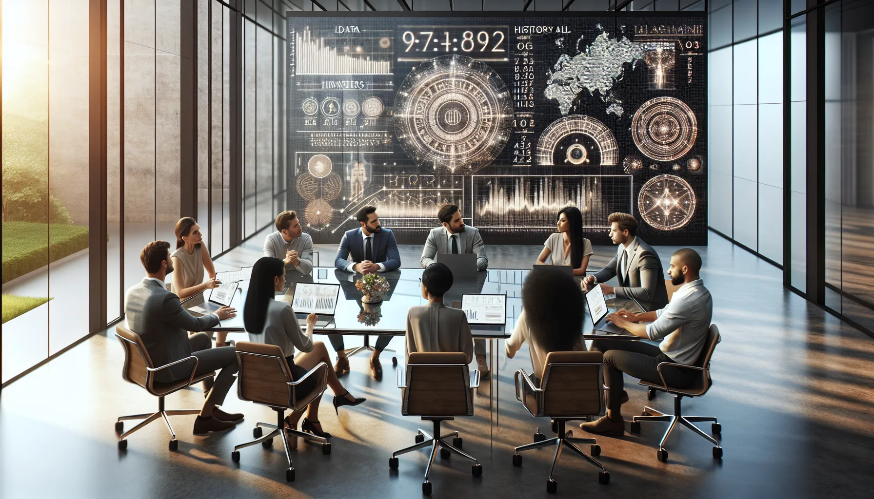 diverse team discussing data in a modern office setting.