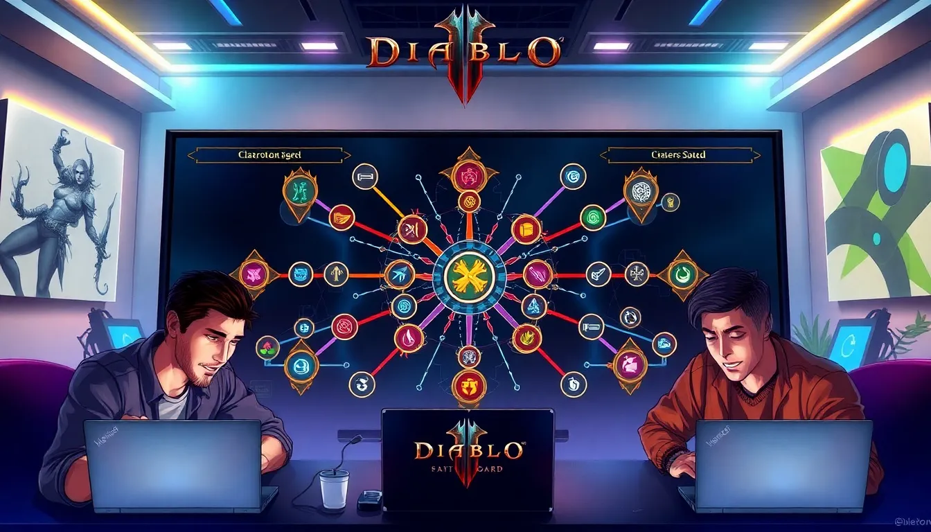 players interacting with the Diablo IV Paragon Board in a modern gaming studio.