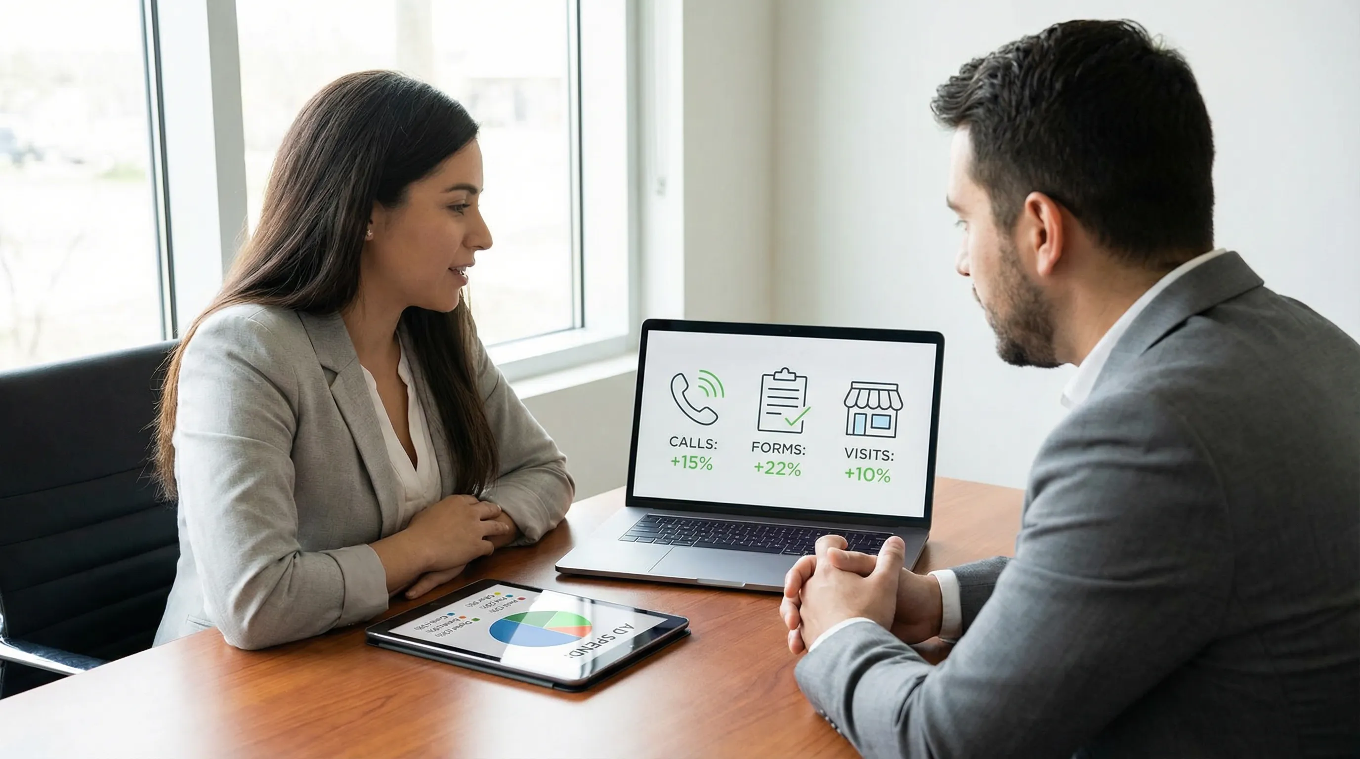 Business owner and consultant reviewing an easy-to-read reporting dashboard showing calls, forms, and in-store visits on a laptop.
