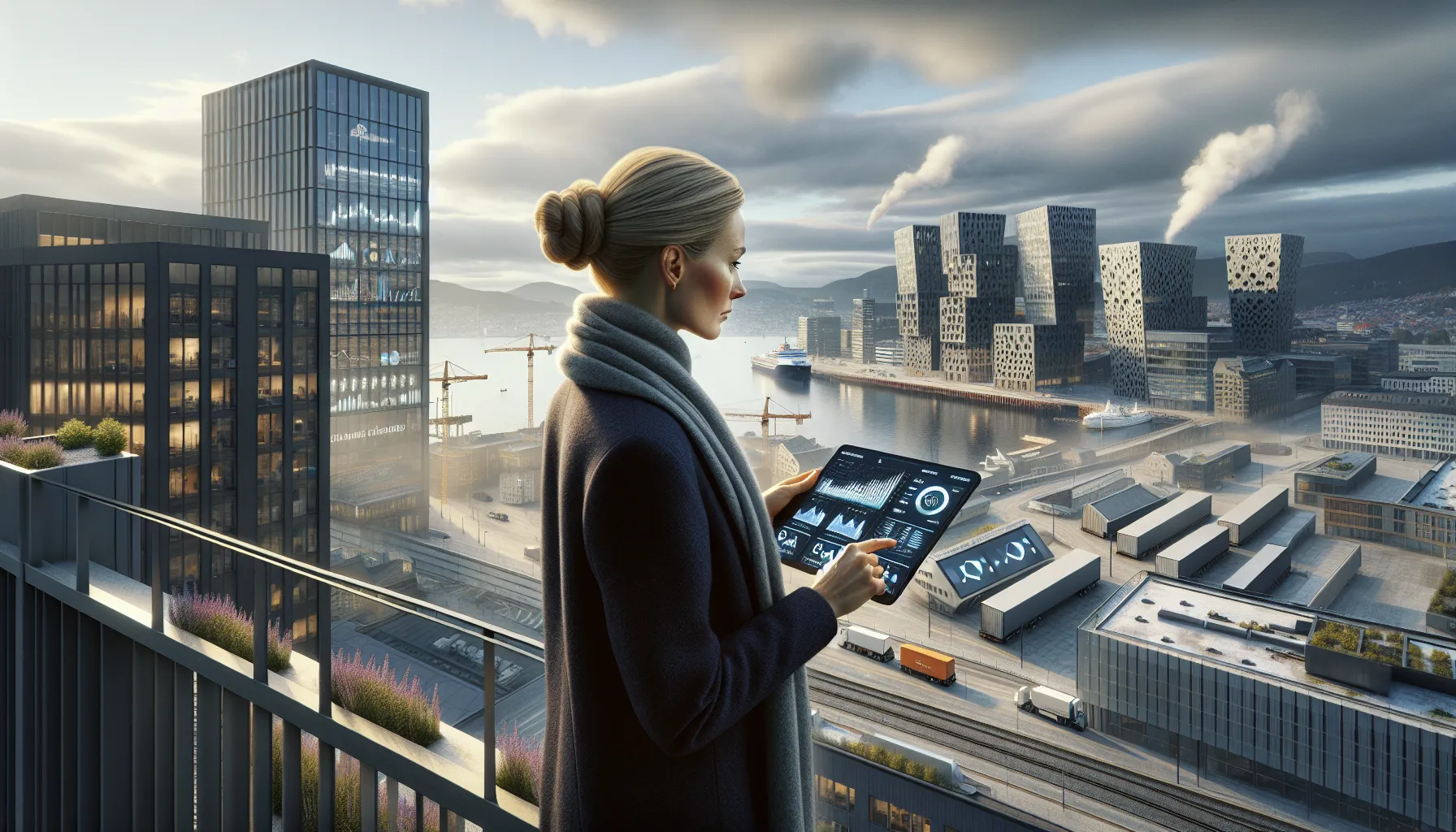 Hvordan påvirker internasjonale trender det norske eiendomsmarkedet? 2 Investor reviews rates and currency over oslo skyline and energy‑efficient buildings.