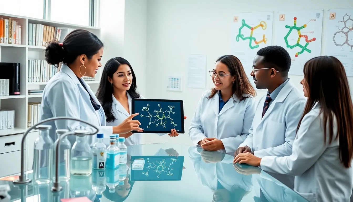 scientists discussing glutaminotransferase in a modern lab.