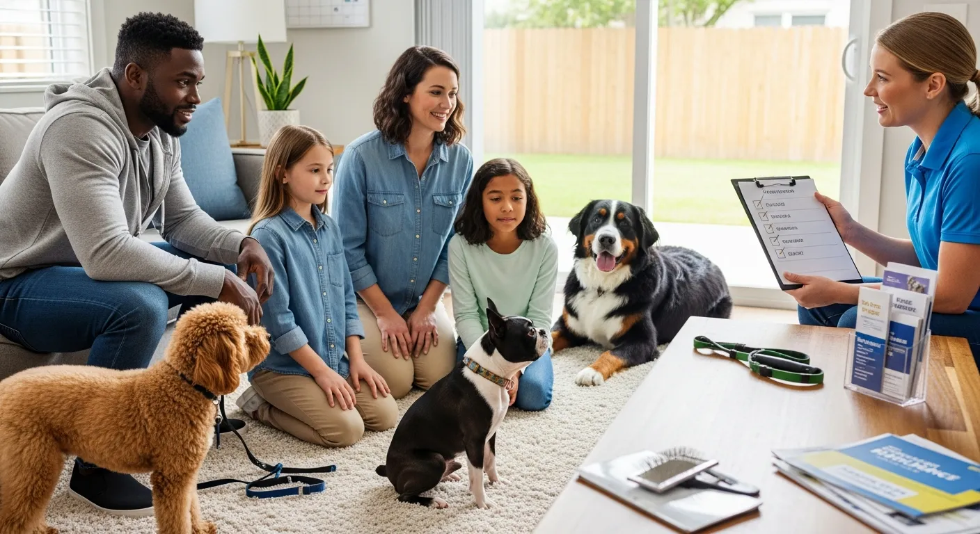 American family comparing different dog breeds at home while discussing lifestyle and care.