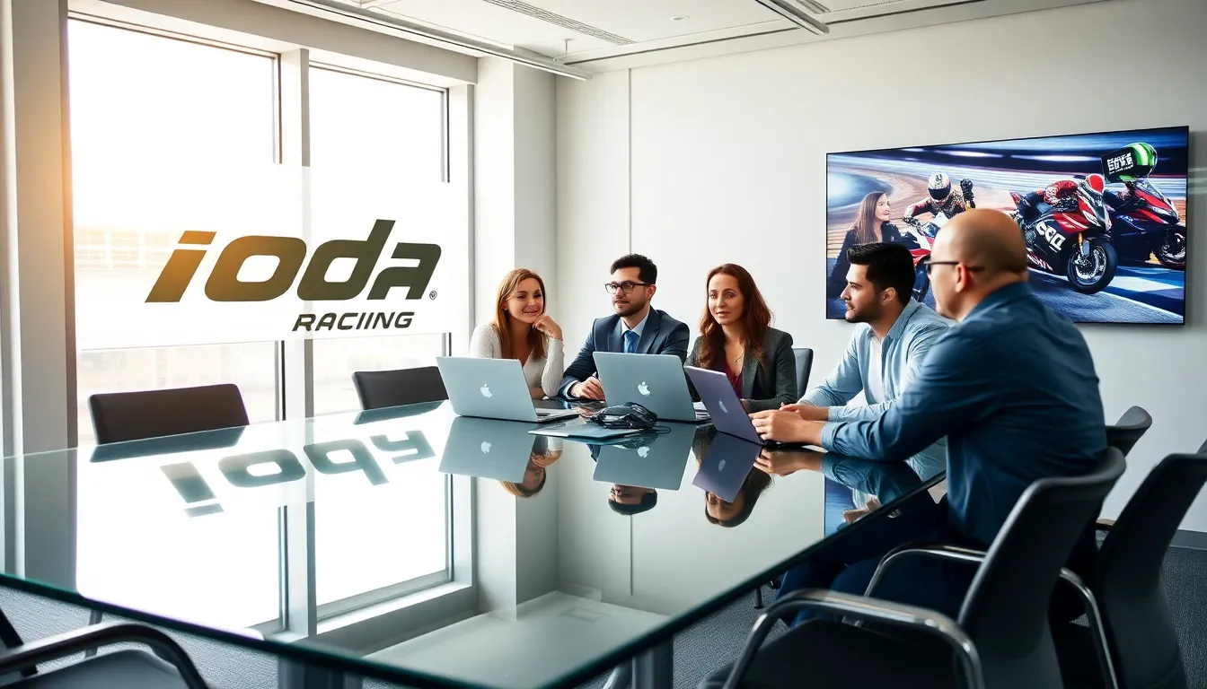 diverse team discussing Ioda Racing in a modern office.