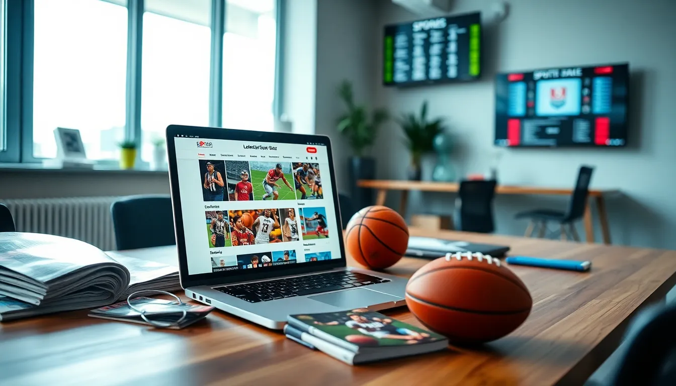 A modern workspace featuring LatestSportsBuzz.com on a laptop surrounded by sports gear.