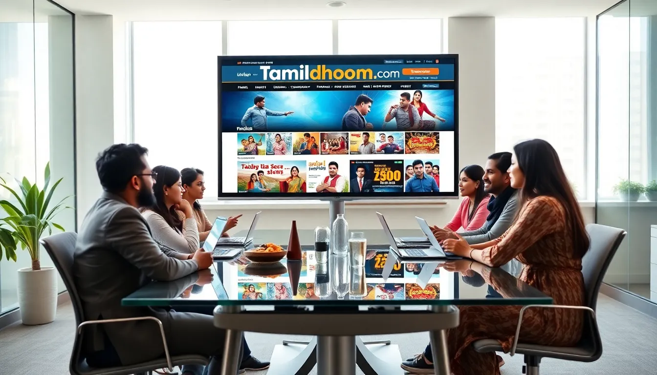 professionals discussing Tamil entertainment on a sleek digital platform.