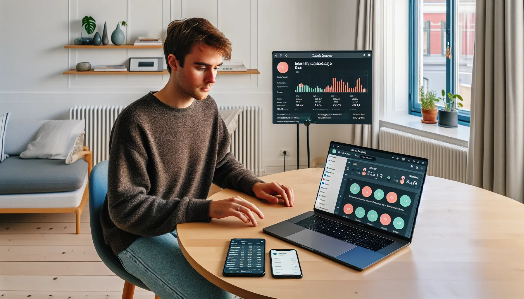 Hvordan bruke digitale verktøy for å forbedre budsjettkontroll 3 Young norwegian adult using laptop and phone apps to manage digital budget tools.