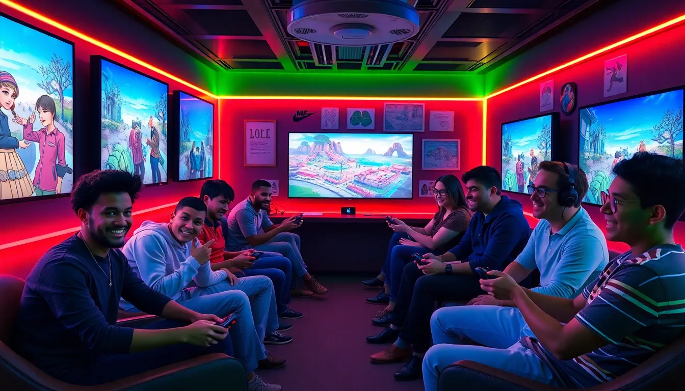 diverse gamers enjoying Xbox ImagineerGames in a modern lounge.