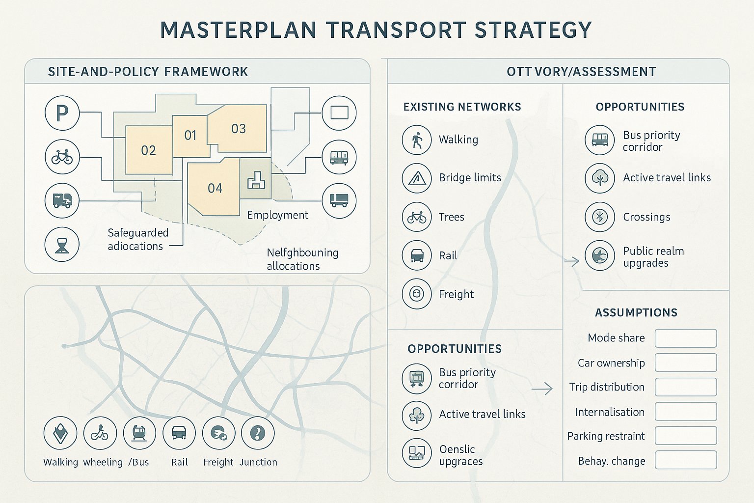 Infographic showing site policy, network constraints, and opportunities in transport planning.