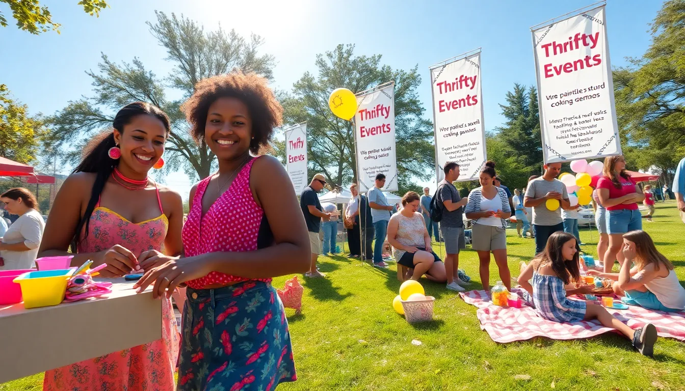 A community event in a park promoting thrifty local activities.