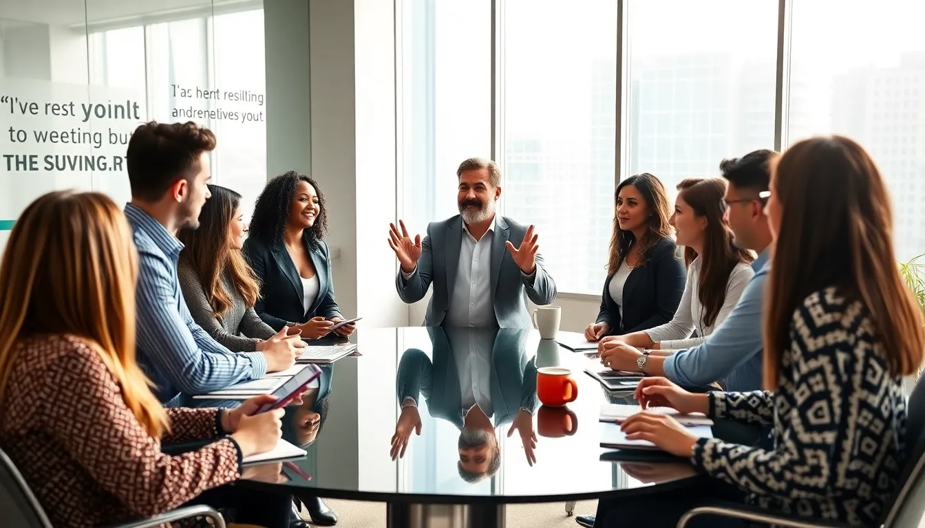 diverse team discussing leadership positivity in a modern office.