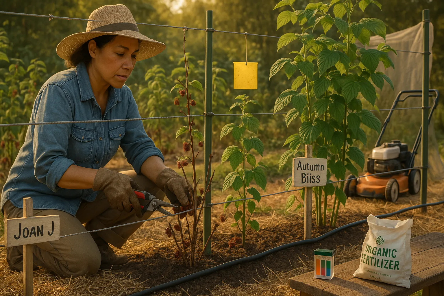 gardener pruning 'Joan J' raspberries beside labeled 'Autumn Bliss' row