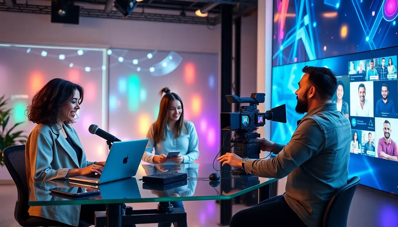 diverse team streaming live in a modern studio setup.