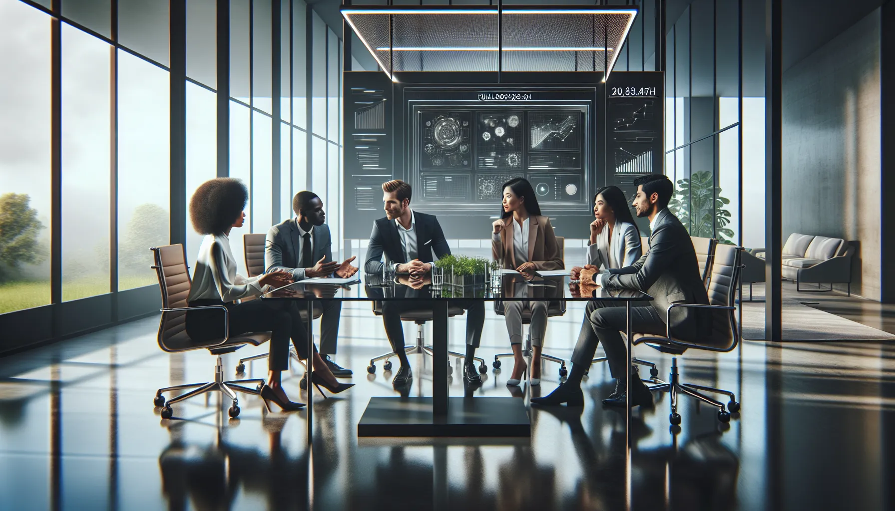 diverse professionals discussing a digital tool in a modern office.