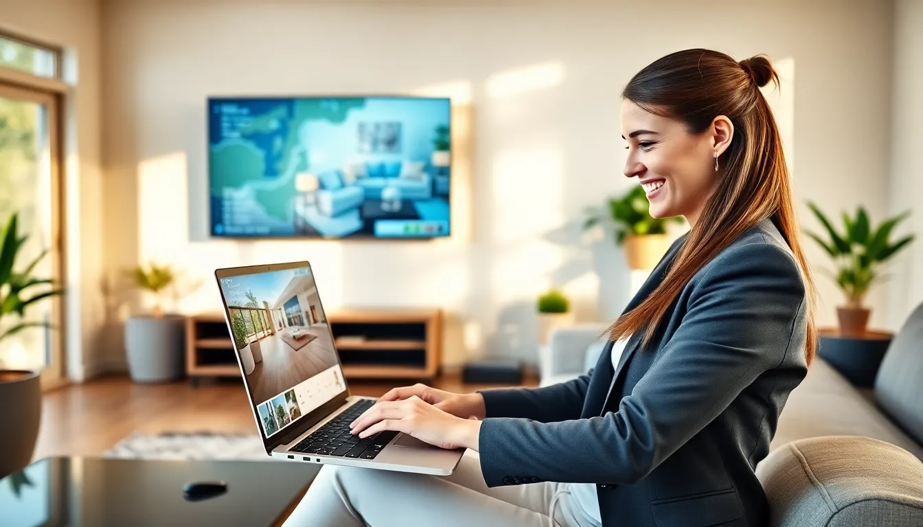 A woman engaging in a virtual home tour on her laptop in a modern home office.