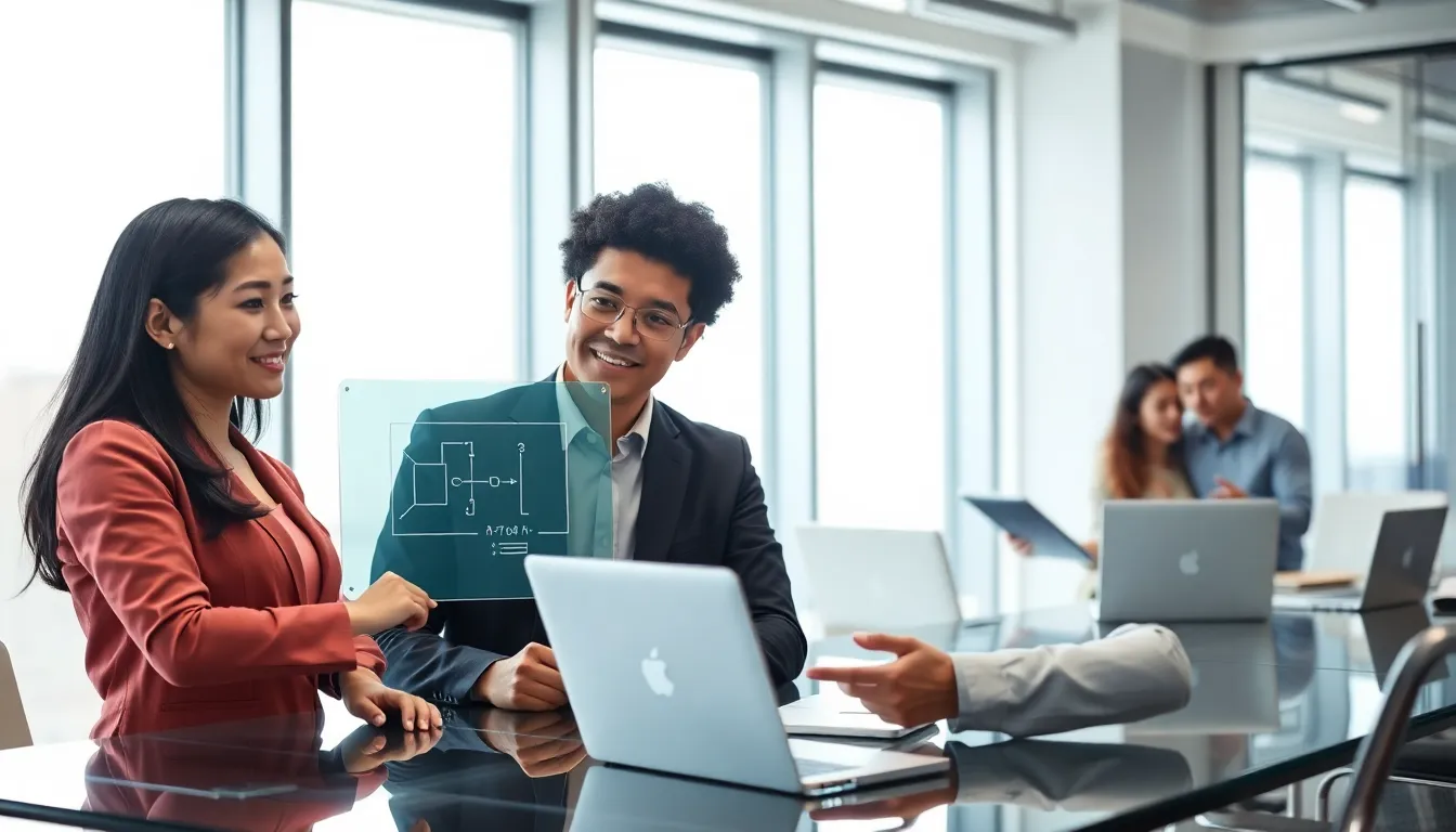 diverse professionals collaborating on artificial intelligence technologies in a modern office.