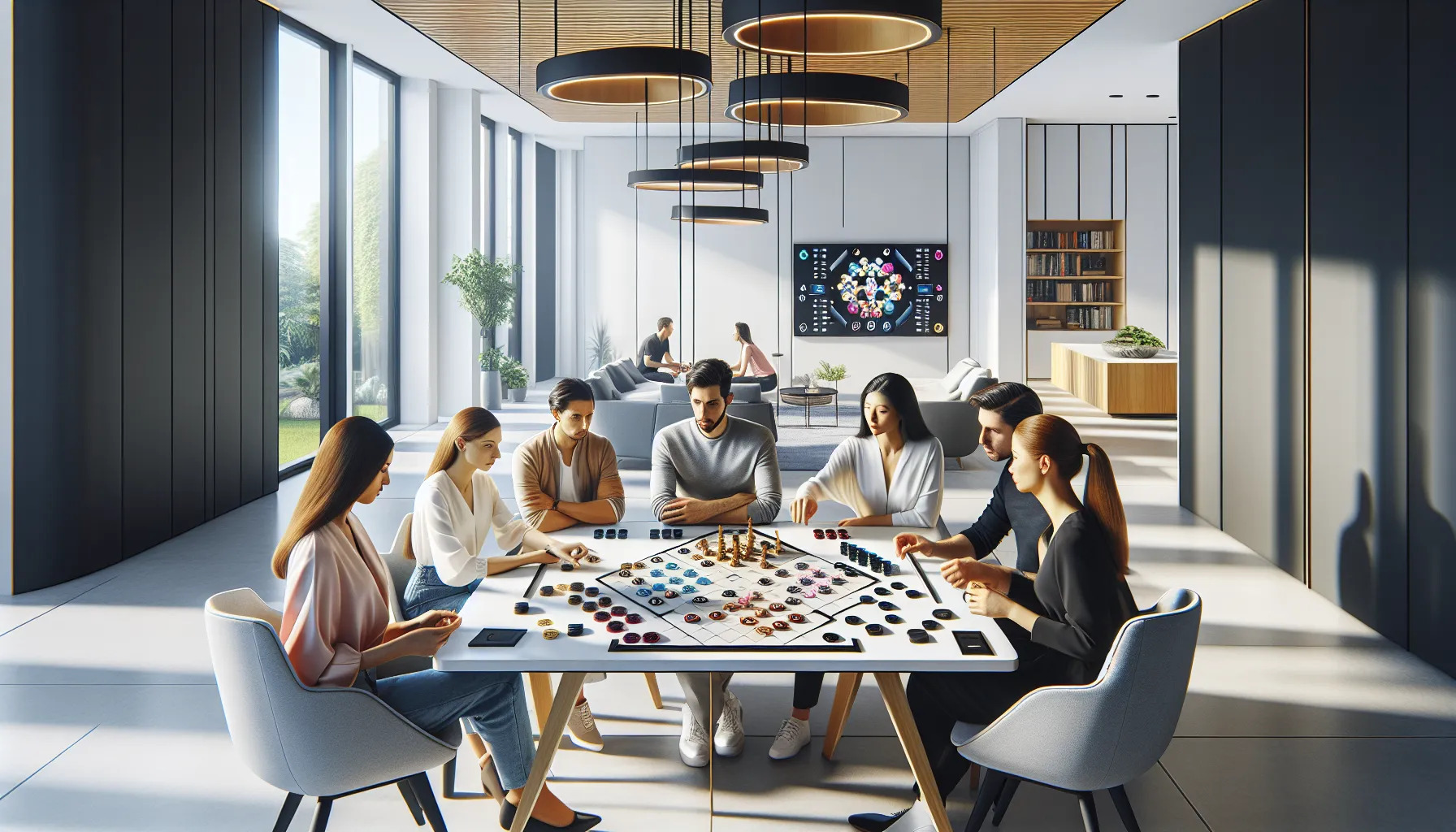 diverse group playing Sàtamatka at a modern game table.