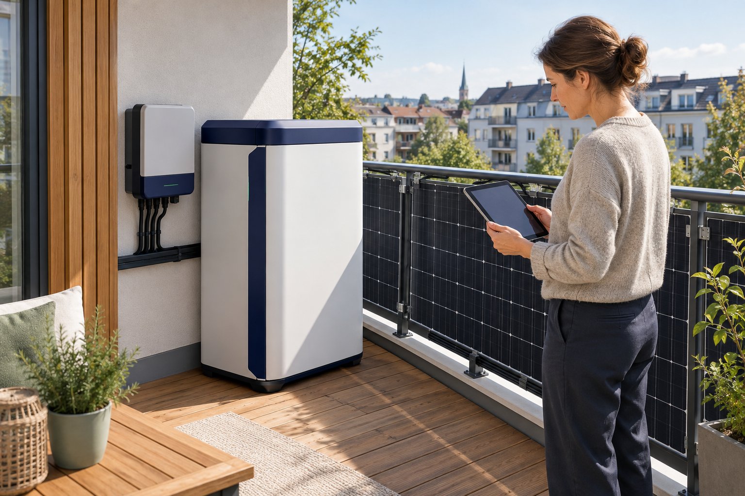 Prüfung eines Batteriespeichers neben bereits installierten Solarmodulen am Balkon