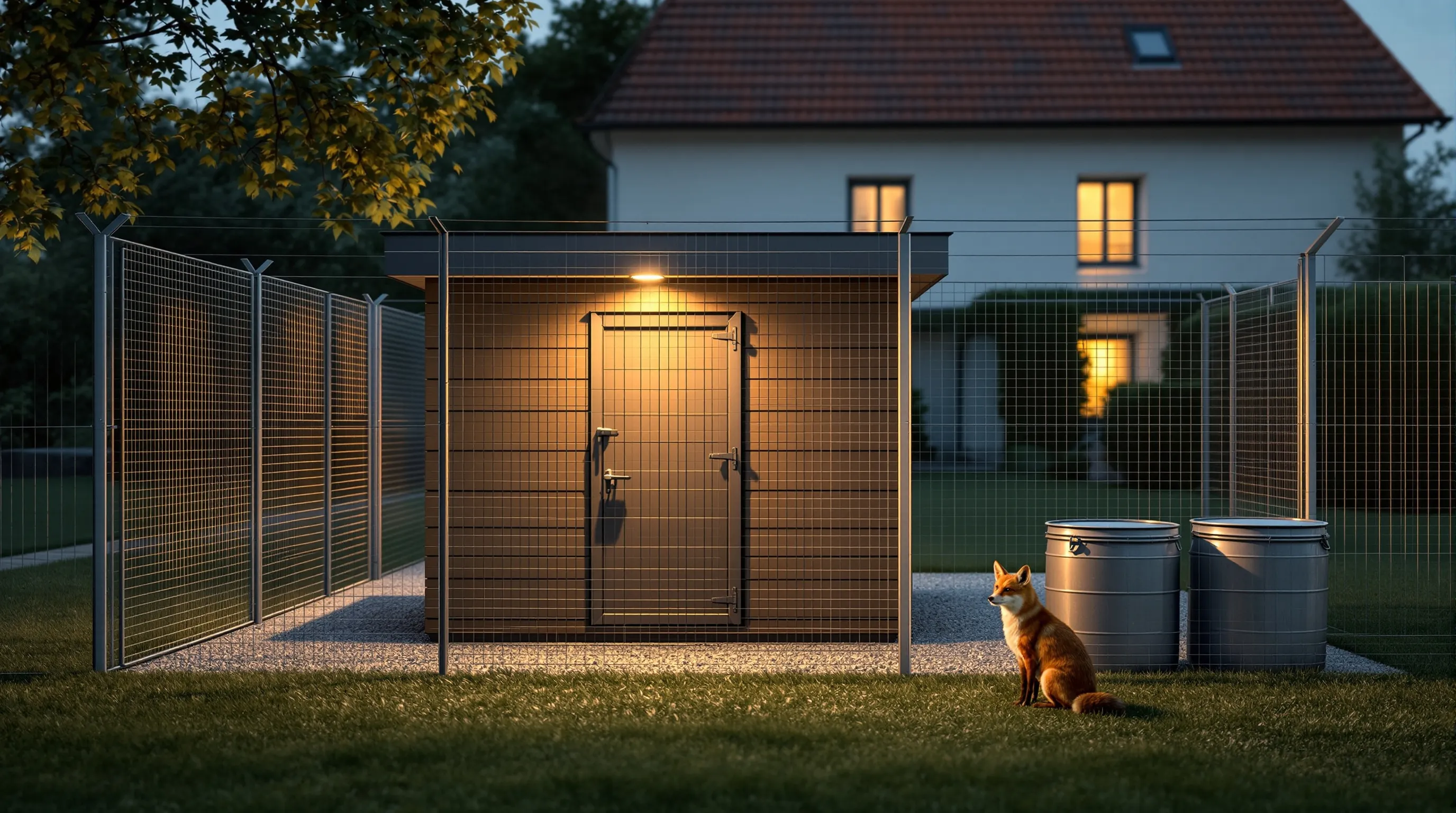 Secure Croatian coop deters a fox at dusk with electrified perimeter fence.