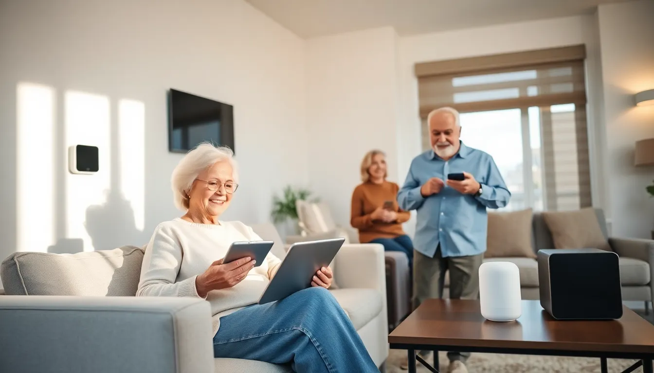 seniors using smart home devices in a modern living room.
