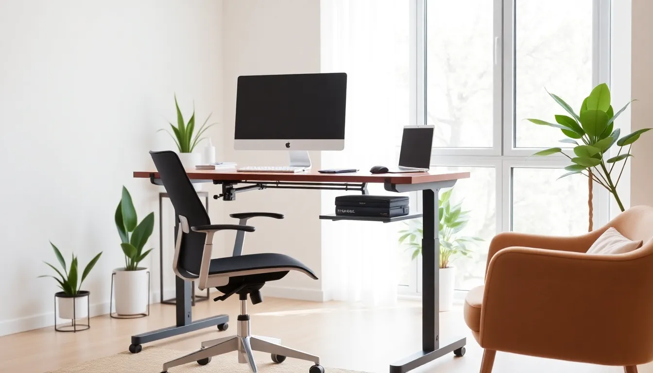 Modern home office workspace with natural light and ergonomic furniture.