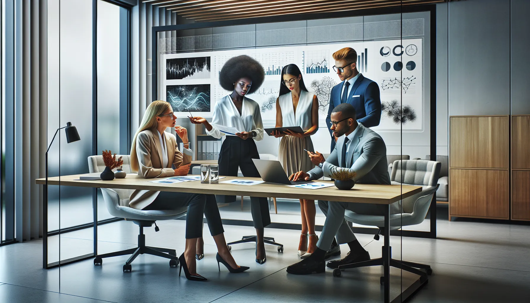 diverse professionals collaborating over performance assessments in a modern office.