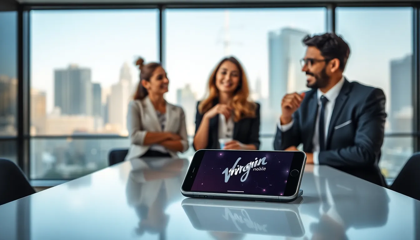 diverse professionals discussing Virgin Mobile in a modern office.