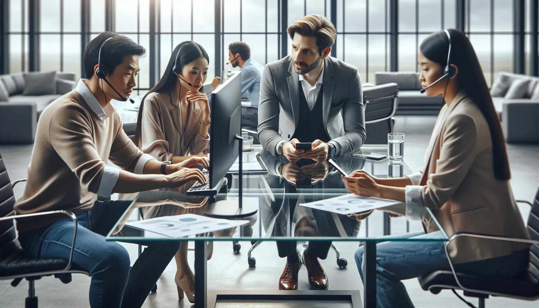 team discussing customer service issues in a modern office.