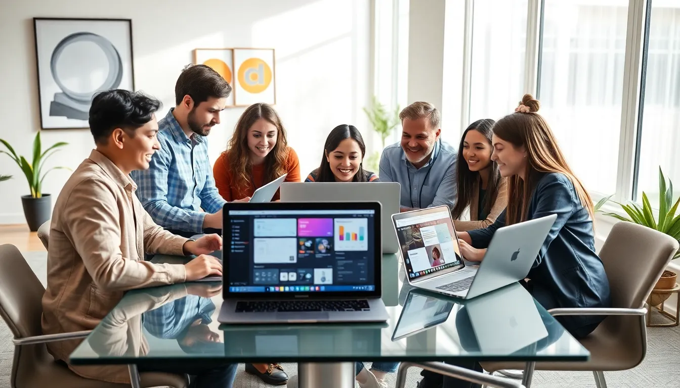 professionals collaborating over a digital platform in a modern office.