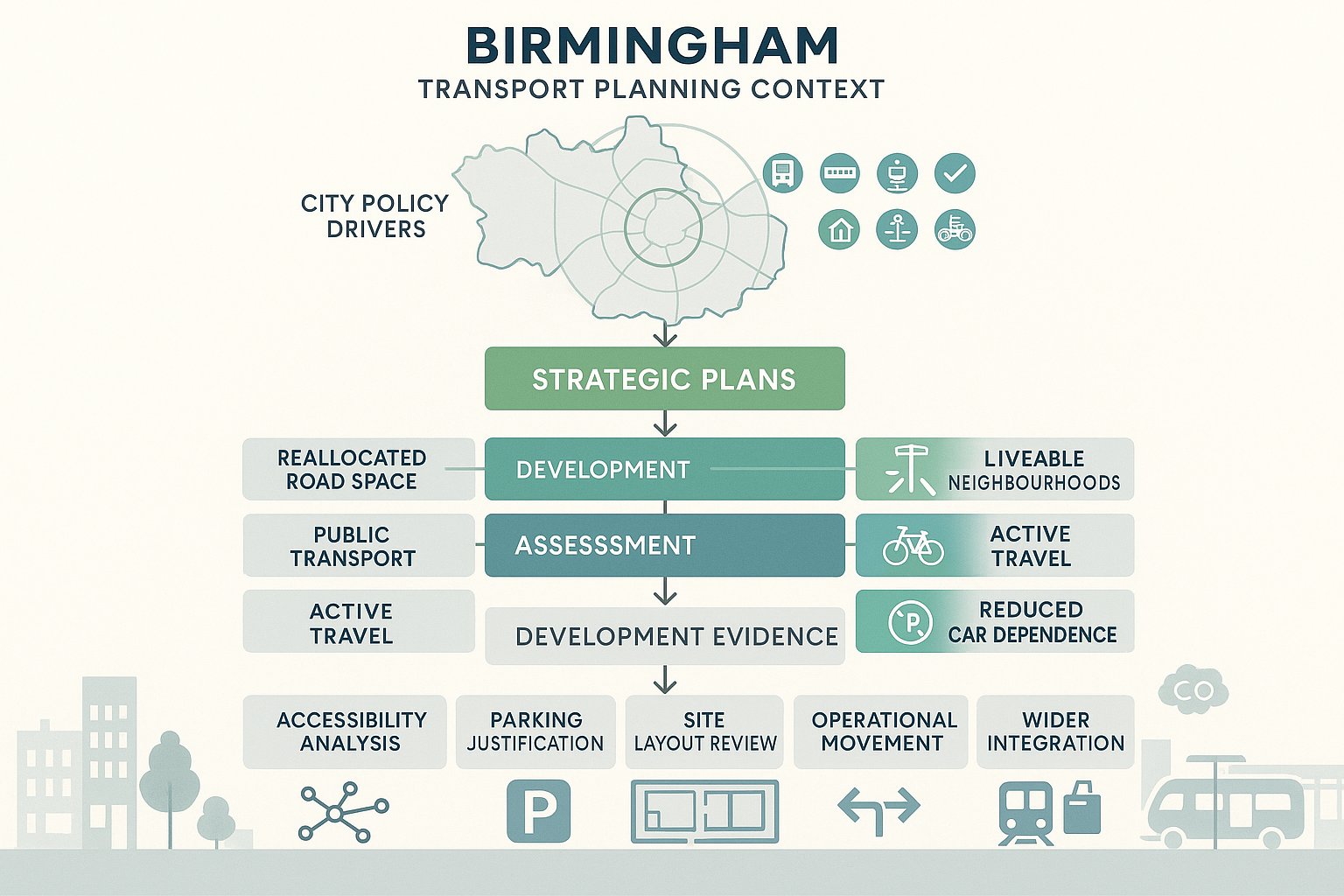 Infographic showing Birmingham transport policy shaping development transport evidence requirements.