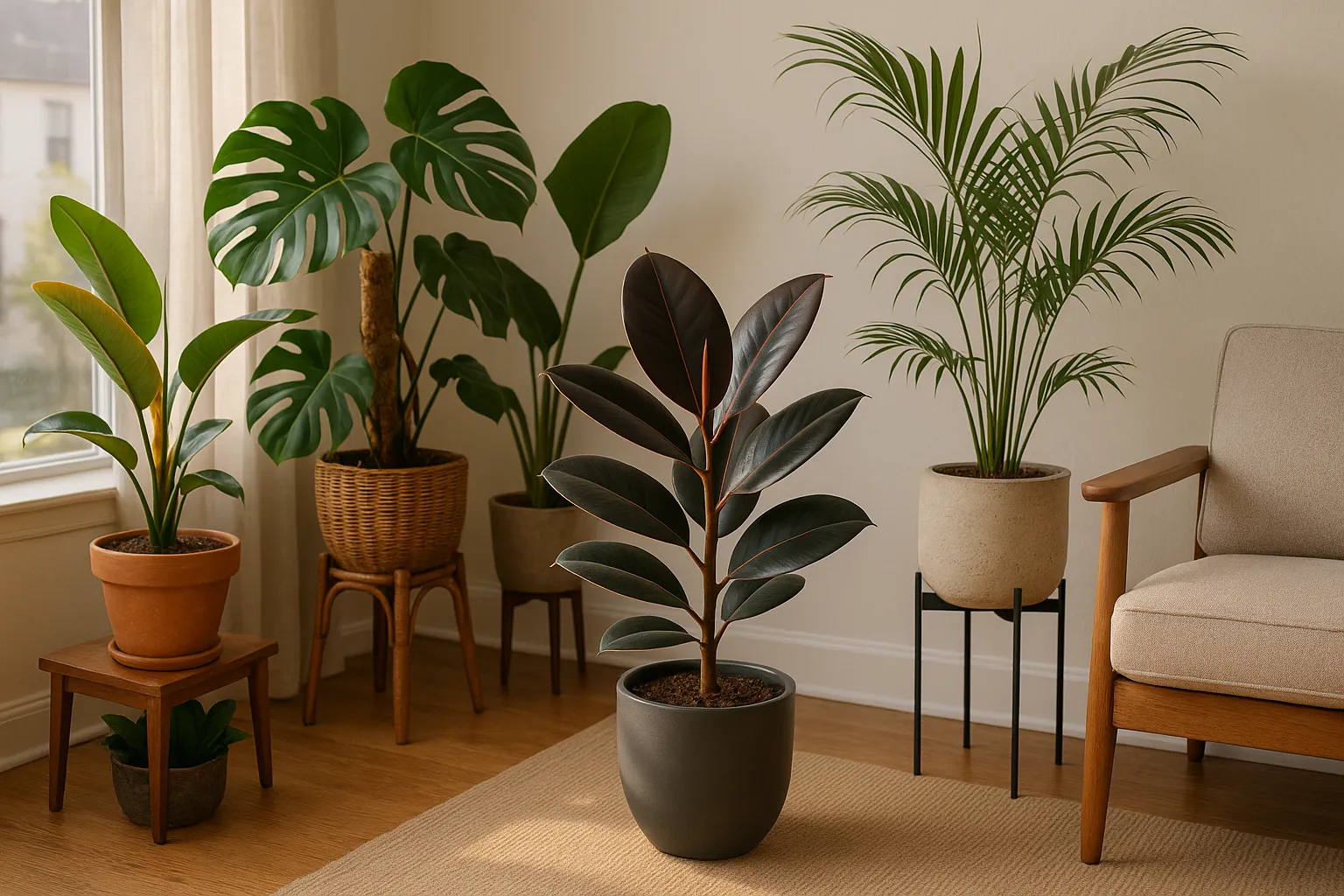 A curated living-room display of five fiddle-leaf-fig alternative houseplants.