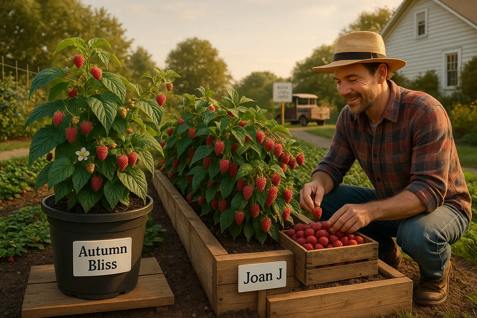 Two labeled raspberry plants—Autumn Bliss in a container, Joan J in a harvesting row.