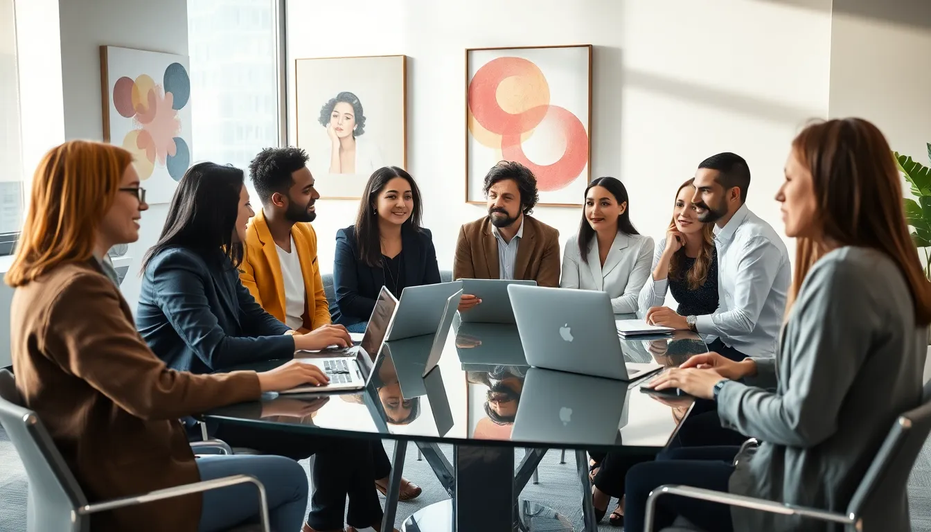 diverse team discussing emotional connections in a modern office setting.