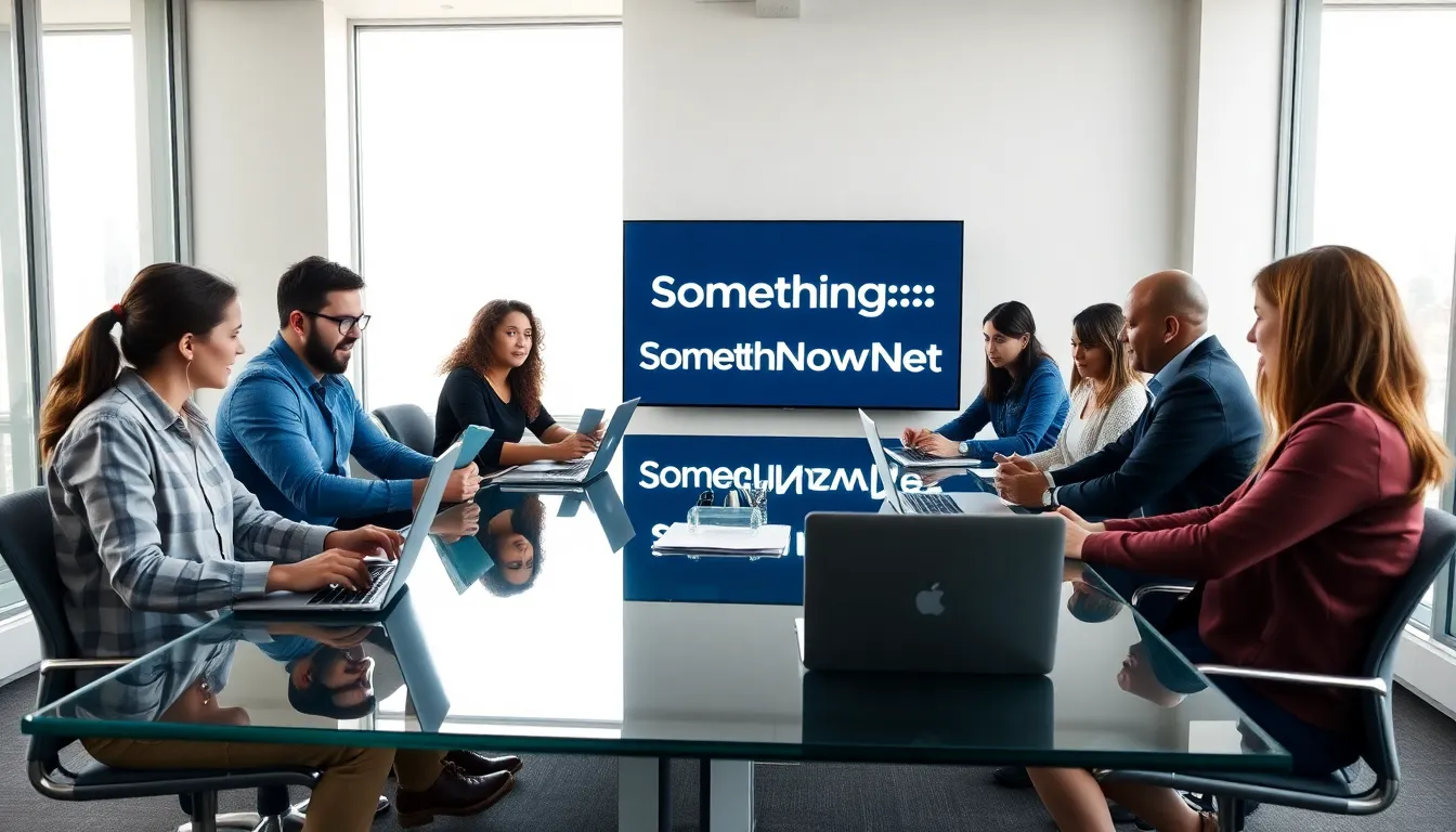 group discussing blogging ideas in a modern office setting.
