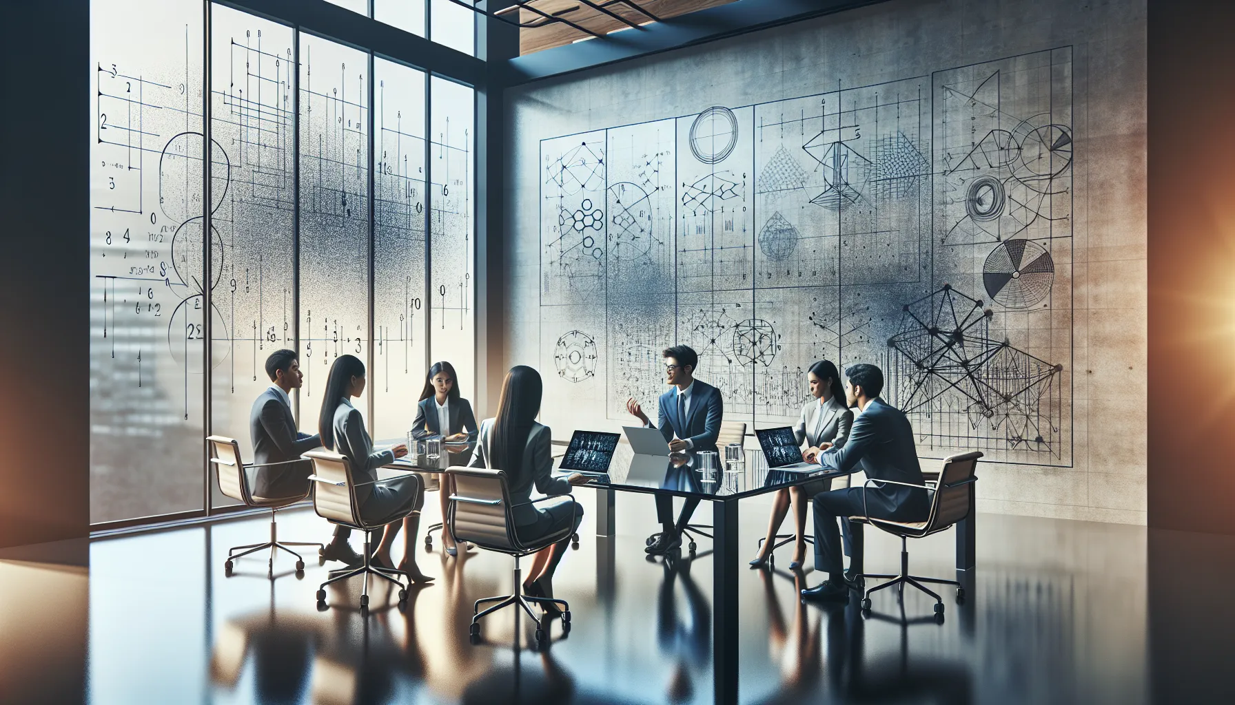 diverse team discussing numbers in a modern office setting.