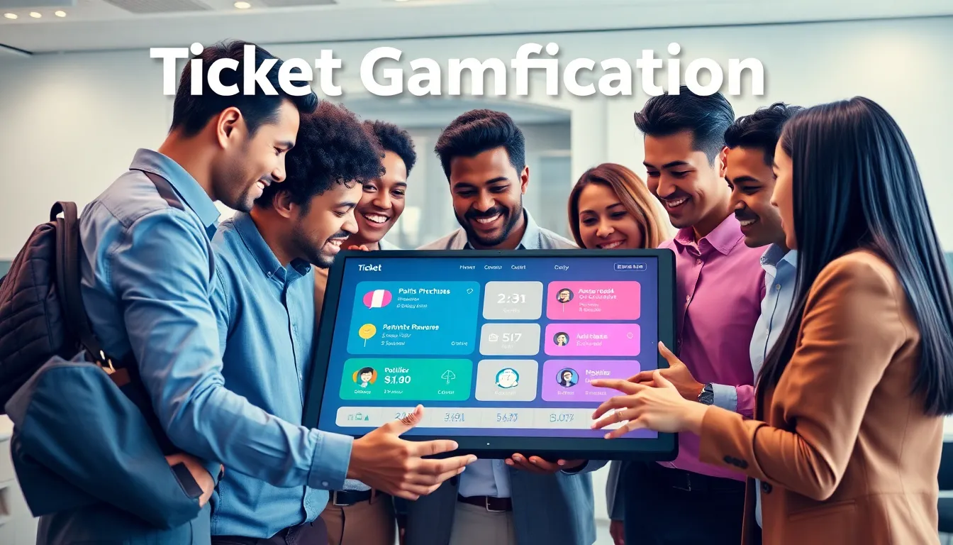 professionals discussing ticket gamification in a modern office setting.