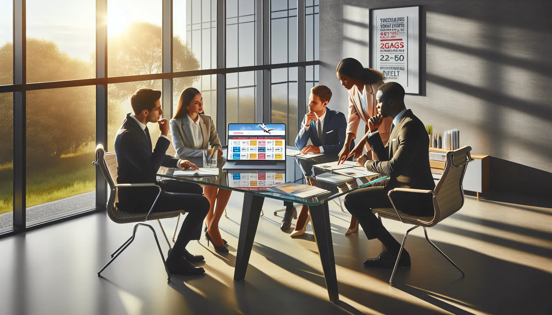 diverse team discussing travel bookings in a modern office.