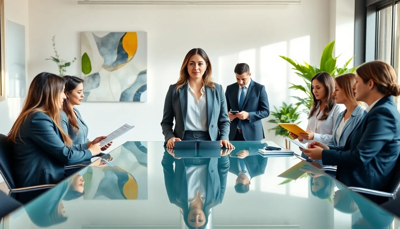 Cassandra Feuerstein in a modern office, leading a diverse team discussion.