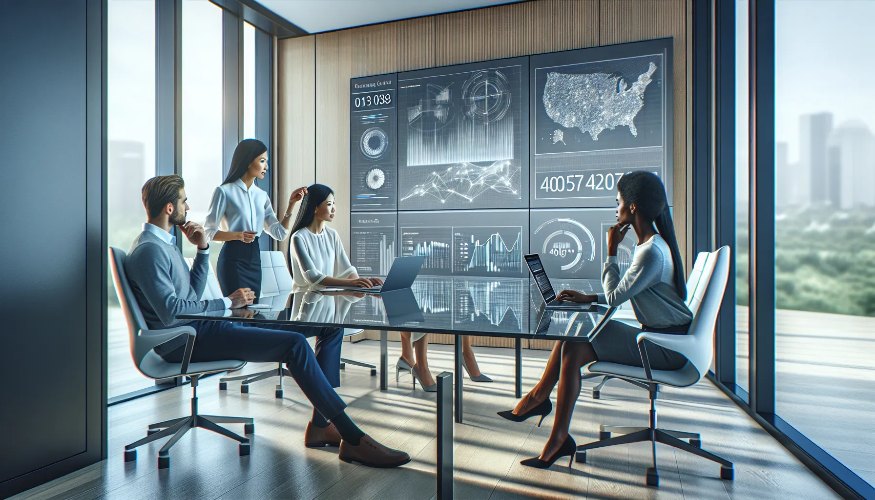 professionals discussing data analytics in a modern office.