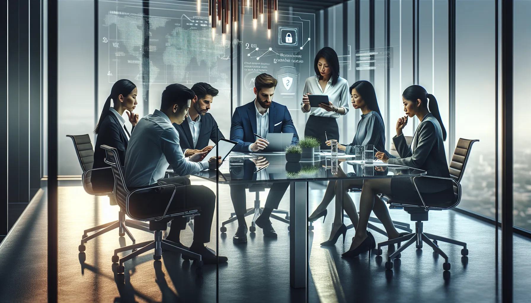 cybersecurity team discussing privacy and security measures in a modern office.