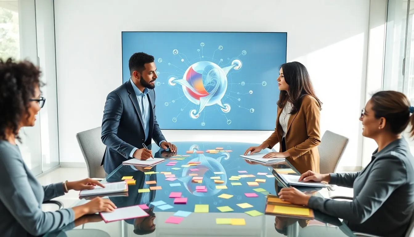 diverse team brainstorming about ikogeinps in a modern office.
