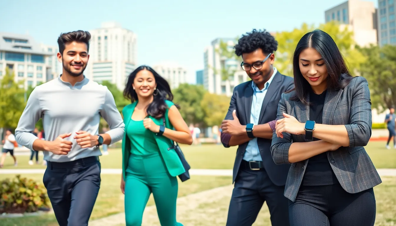 diverse group exercising with stylish I Touch wearables in a park.