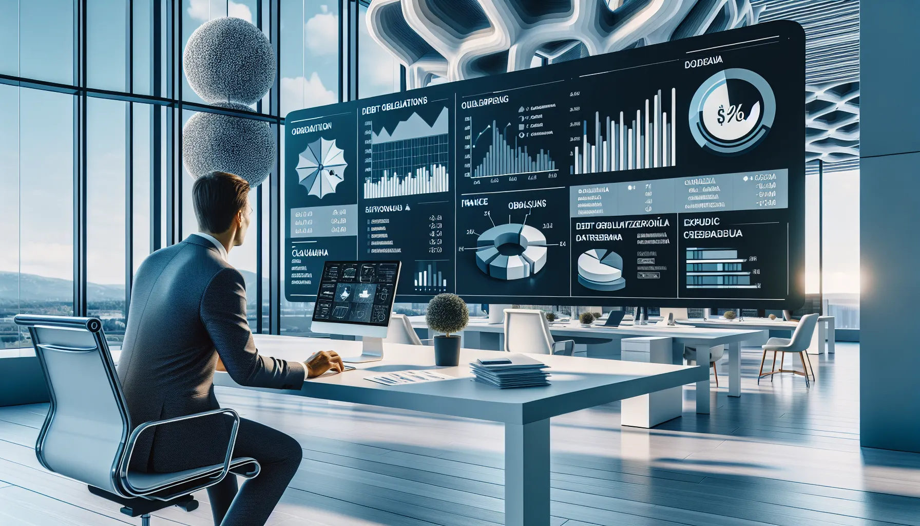 Professional reviewing EOS Matrix debt tracking platform on computer in Croatian office setting.