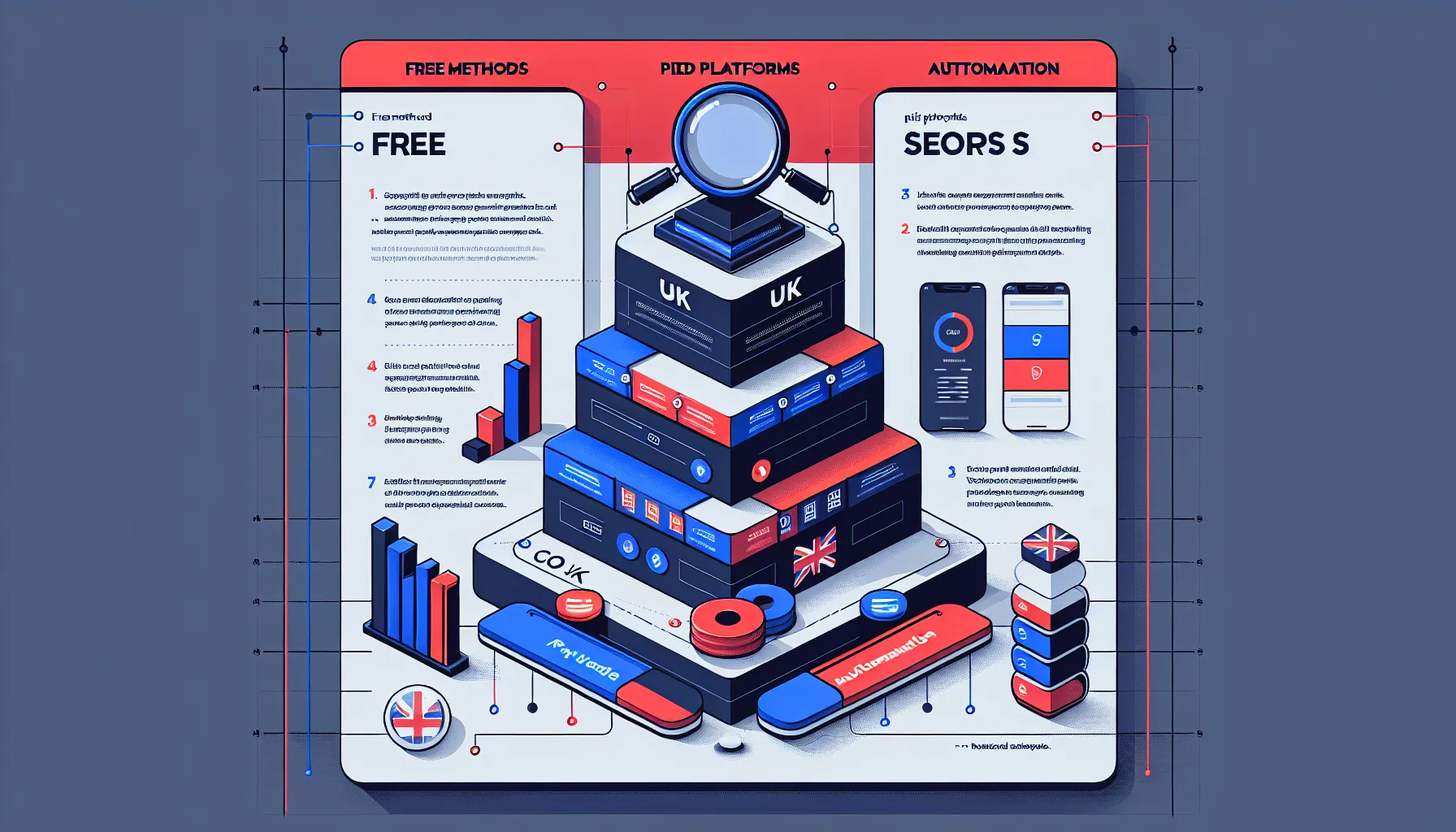 Three-stage UK infographic for SERPs analysis: free methods, paid tools, automation.