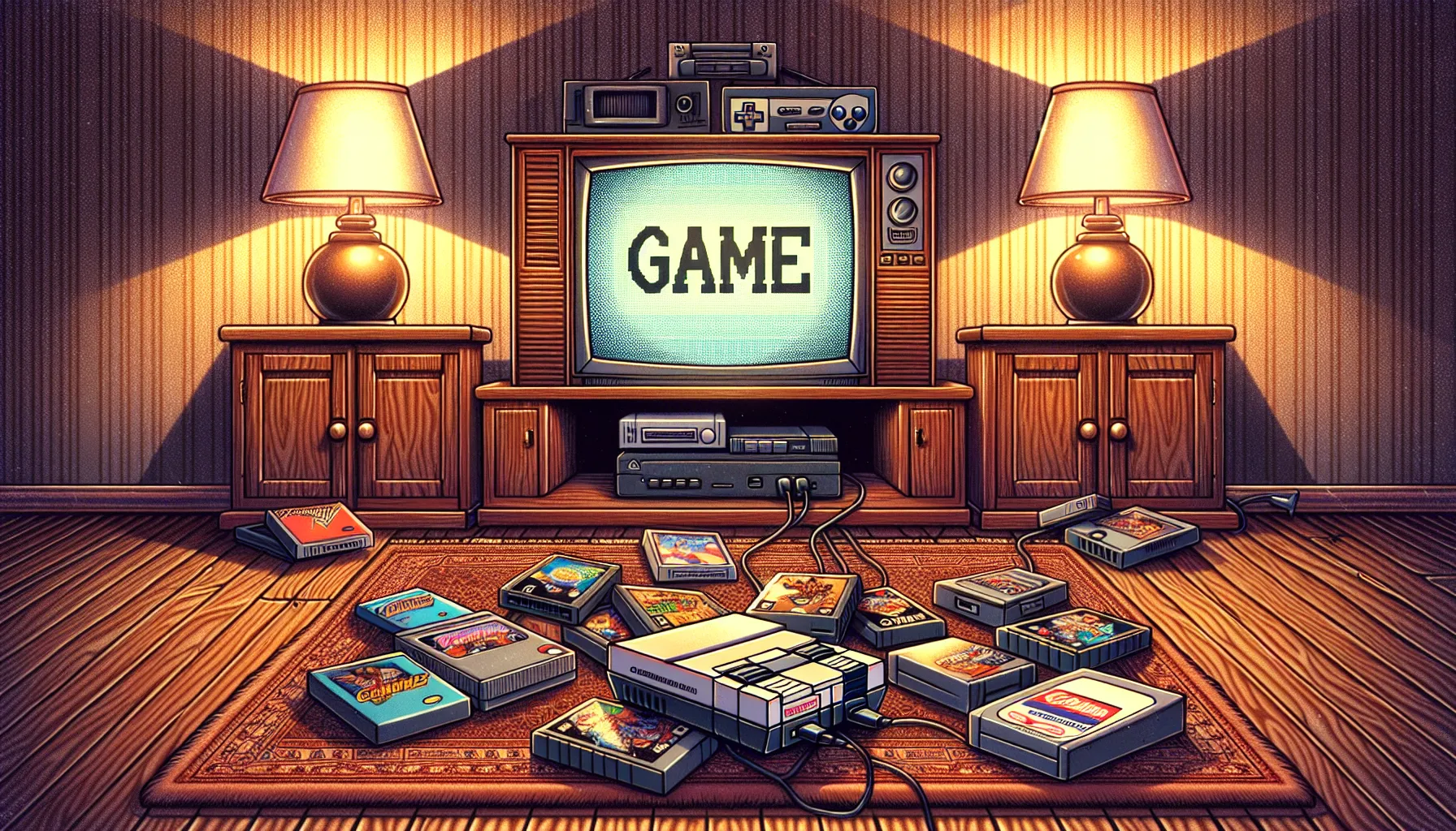 A living room featuring retro Xbox and PlayStation consoles with games.