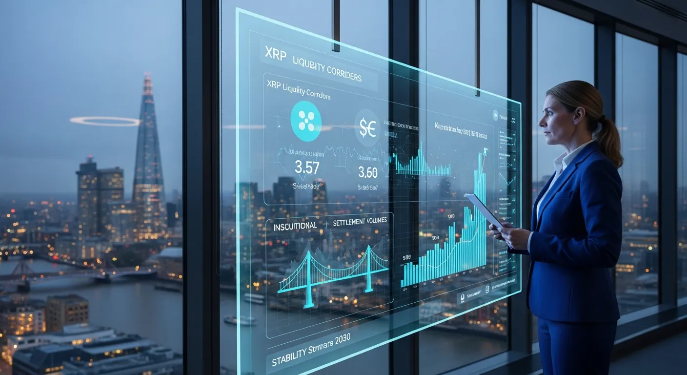 A financial strategist analyzing XRP liquidity and 2030 data in a London office.