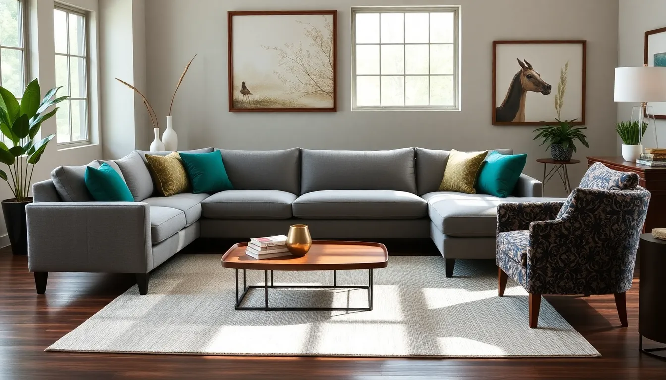 modern living room with sectional sofa and vibrant accents.